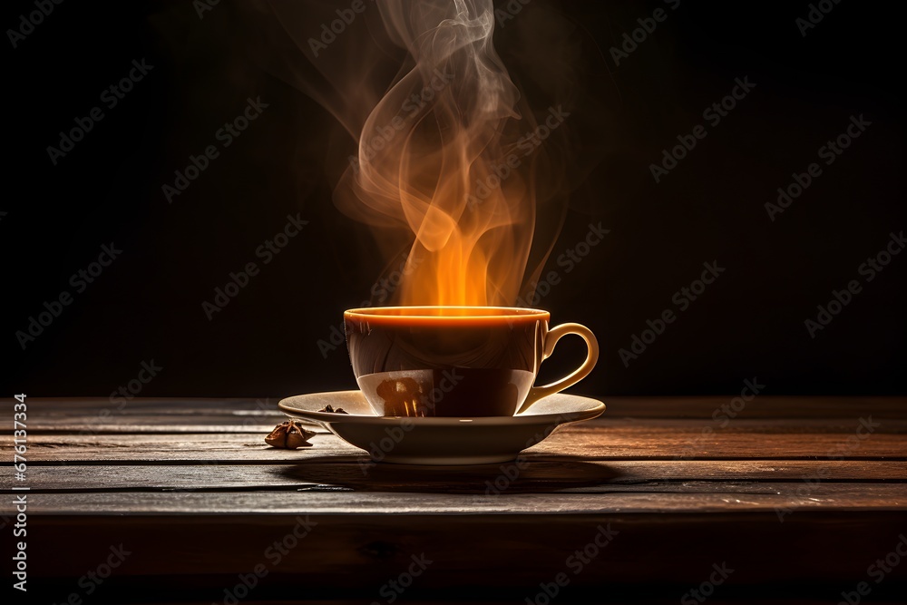 Wooden table and a cup of aromatic coffee Wooden table and a cup of aromatic coffee