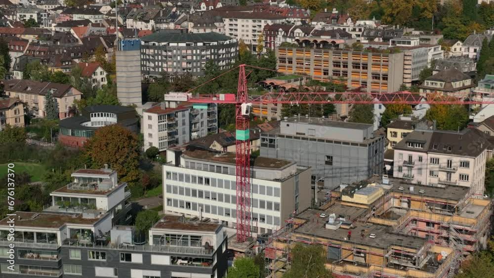sunny day zurich city center construction cranes aerial panorama 4k switzerland sunny day zurich city center construction cranes aerial panorama 4k switzerland