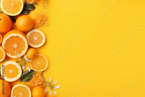 Orange tangerine and other winter fruits
on a yellow background. Healthy food. Dietary nutrition. View from above. Copy space. Banner.