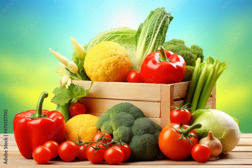 Organic vegetable harvest in wooden box on sunlit outdoor table with picturesque backdrop Organic vegetable harvest in wooden box on sunlit outdoor table with picturesque backdrop