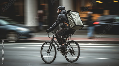 Delivery Man Riding Bike. Male cyclist riding in the city. Delivery man riding bike delivering food and drink in town outdoors on stylish bicycle with backpack. Delivery concept. Food concept. Cycling photo