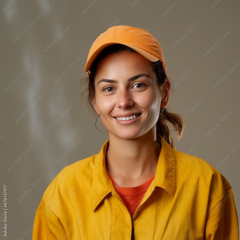 A female worker with a smiling expression against a pale beige backdrop.