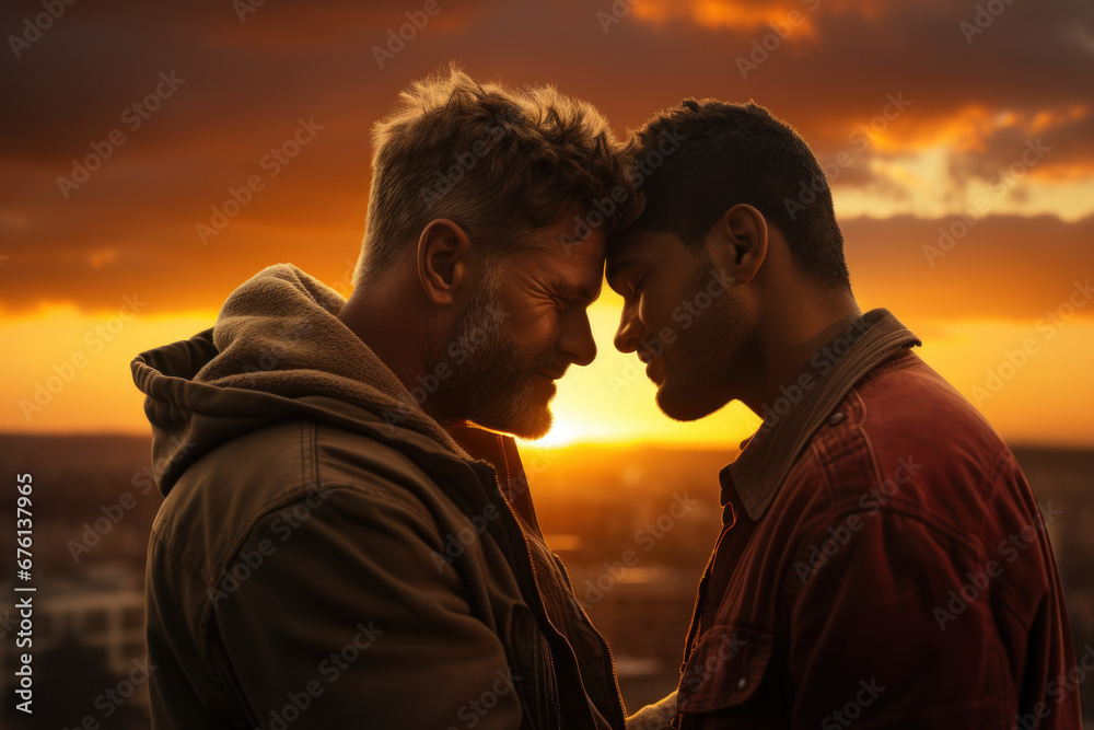 A tender moment between a married gay couple, framed by a golden sunset. Generative Ai. A tender moment between a married gay couple, framed by a golden sunset. Generative Ai.