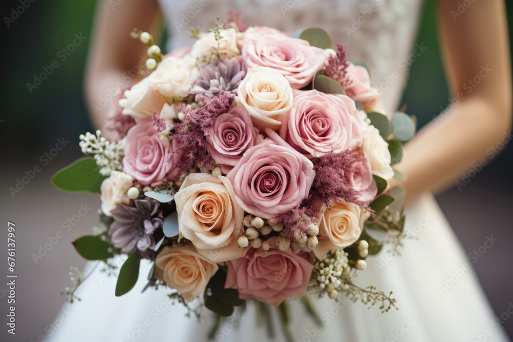 A lesbian bride holding a beautiful bouquet on her special day. Generative Ai. A lesbian bride holding a beautiful bouquet on her special day. Generative Ai.