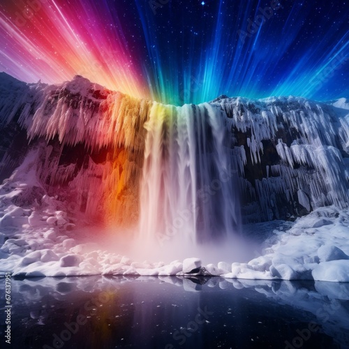 The enchanting beauty of a rainbow waterfall set against a backdrop of heavy snow and delicate snowflakes. © Artur