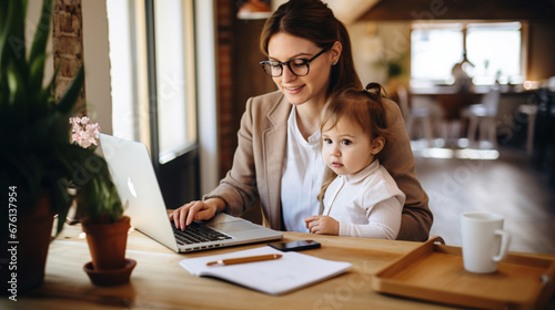 woman working on laptop and have a baby on her lap, Generative Ai