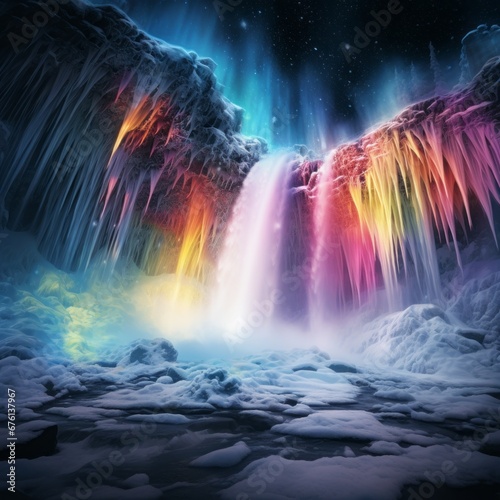 A rainbow waterfall surrounded by heavy snow  with delicate snowflakes and cascading water.