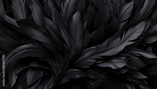 Intricately detailed black feathers texture background featuring large bird feathers in digital art