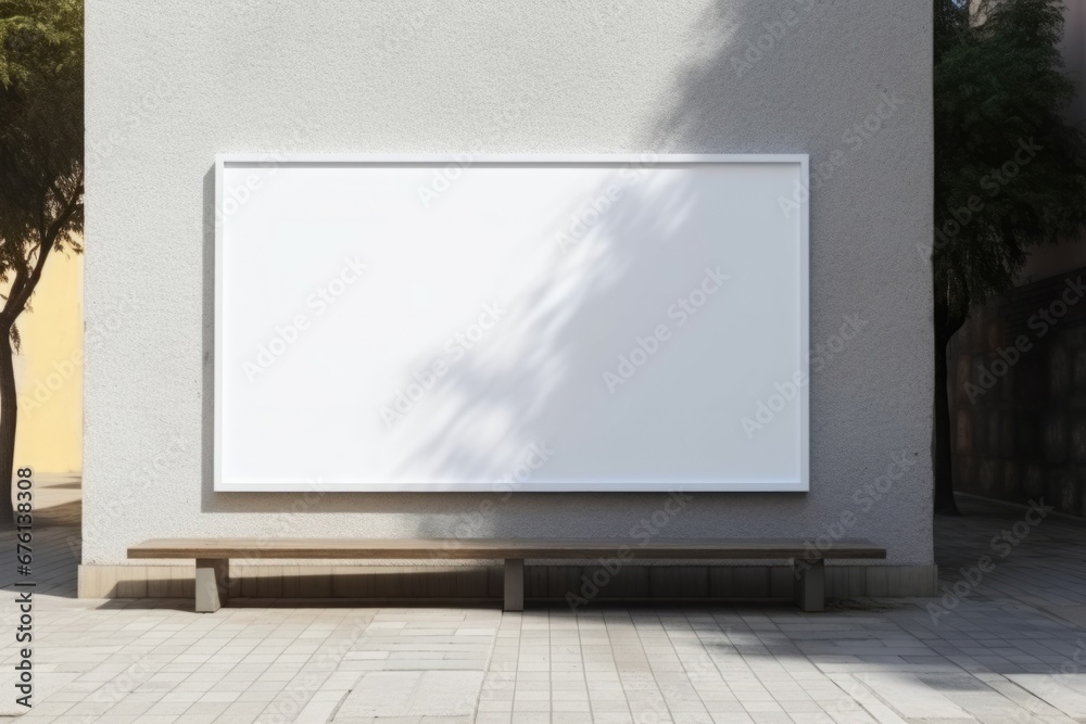 Fototapeta premium White canvas billboard on a stone gray wall in the street. Mock up signboard
