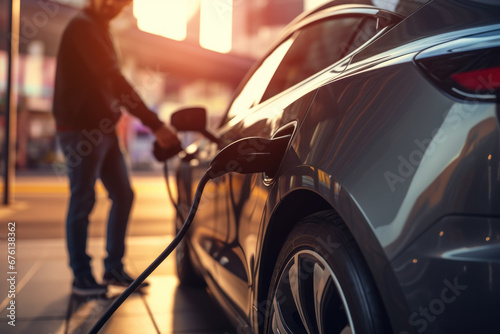 A person charging an electric car at a charging station, illustrating the shift toward electric transportation. Generative Ai. © Sebastian