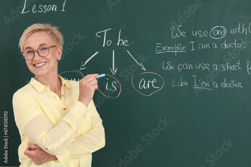 Female teacher writing Engl...