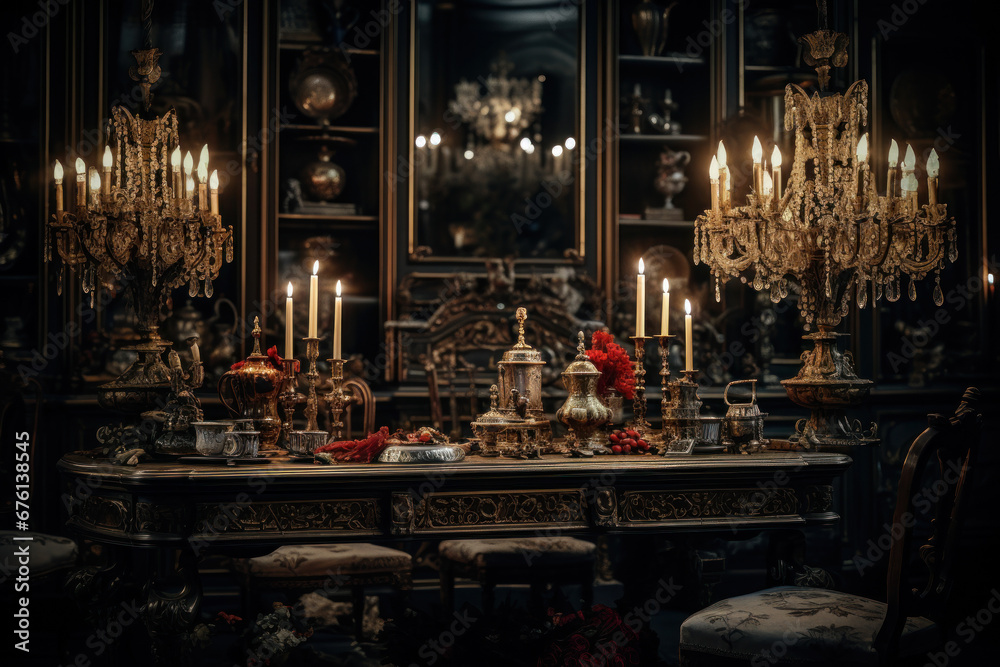 A candlelit room with antique furniture, illustrating the ambiance and lighting of 18th-century interiors. Generative Ai.