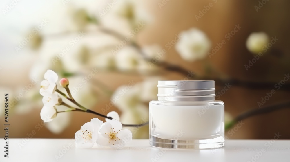 white Wooden table on blurred whitening and moisturizing Face cream in an open glass jar and flowers on white background, Advertisement, Print media, Illustration, Banner, for website