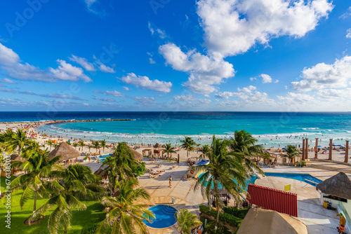 Cancun Hotel Zone Amazing Caribbean Beach, the beautiful sea in Mexico during a sunny day photo