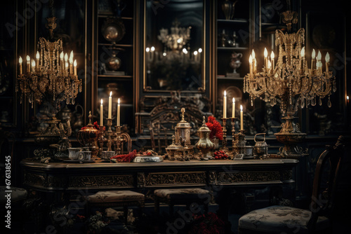 A candlelit room with antique furniture, illustrating the ambiance and lighting of 18th-century interiors. Generative Ai. © Sebastian