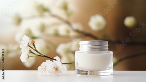 white Wooden table on blurred whitening and moisturizing Face cream in an open glass jar and flowers on white background, Advertisement, Print media, Illustration, Banner, for website