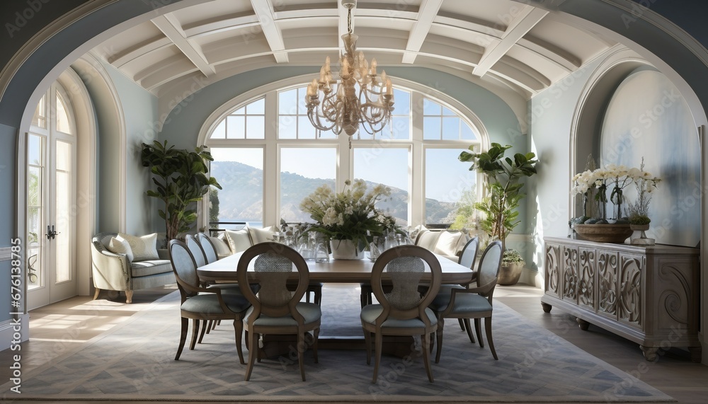 Fototapeta premium Mediterranean-inspired dining room with arched ceiling and coastal decor accents.