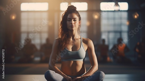 Athletic Woman Engaged in Yoga Stretching Class. Generative ai