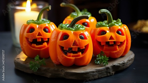 Jack o' Lantern Stuffed Orange Bell Peppers for Halloween. Generative ai