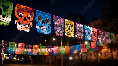 Nighttime Display of Sugar Skulls and Papel Picado for Day of the Dead. Generative ai