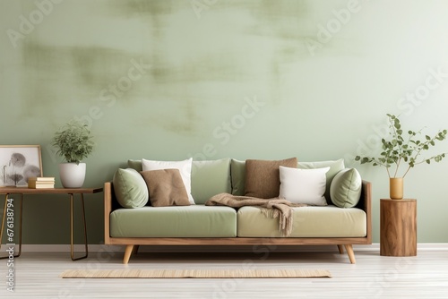 Light green sofa with brown and beige cushions against the wall © Lemar