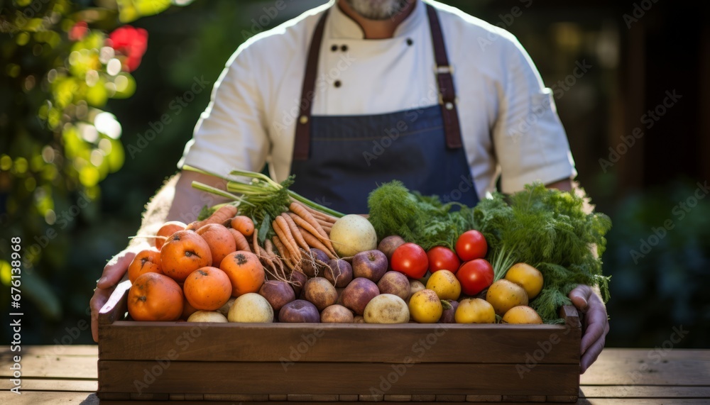 Proud farmer holding a box of vibrant, freshly picked vegetables on a sunny day at the farm