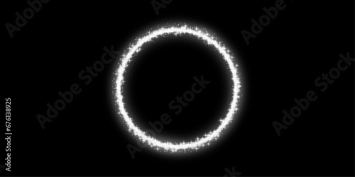 silver glitter circle of light shine sparkles and silver spark particles in circle frame on black background. glittery ring shimmer for annual dinner background, exclusive background