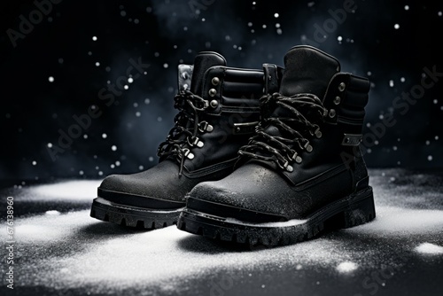 Pair of black leather boots, dress boots for men. Black brogue boots on a black background.
