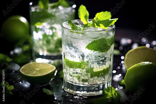 Close-up photography of a refreshing Mojito, skillfully highlighting the delicate veins of the vibrant mint leaves and the glistening, translucent lime slices, making it a visual delight for the sense