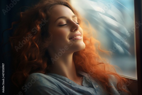 Smiling Woman Enjoying a Peaceful Moment by the Window. Generative ai