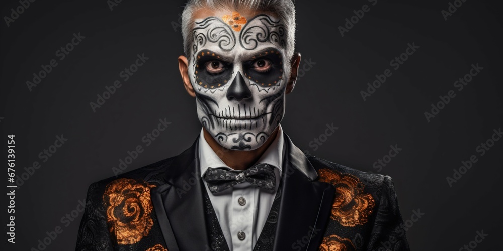 Man Celebrating Day of the Dead with Skull Face Paint Portrait. Generative ai Man Celebrating Day of the Dead with Skull Face Paint Portrait. Generative ai