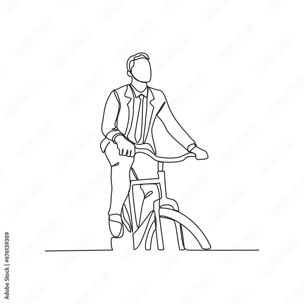 a man uses a bicycle to go to work in continuous line art drawing style. design with Minimalist black linear design isolated on white background. bike to work themes design concept vector illustration