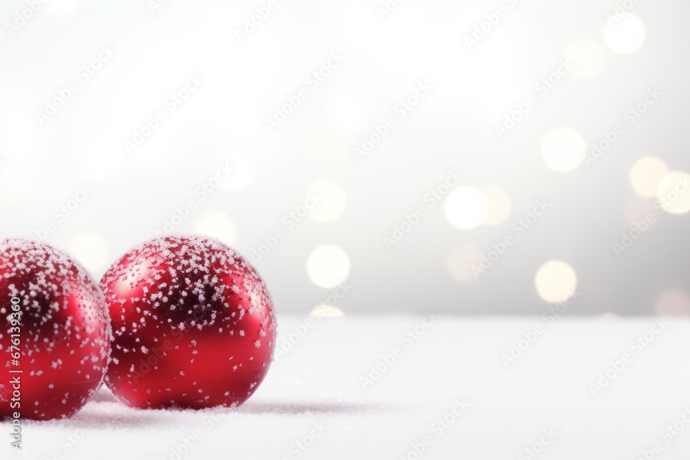 Christmas ornaments and snow on white background top view mockup for text placement Christmas ornaments and snow on white background top view mockup for text placement