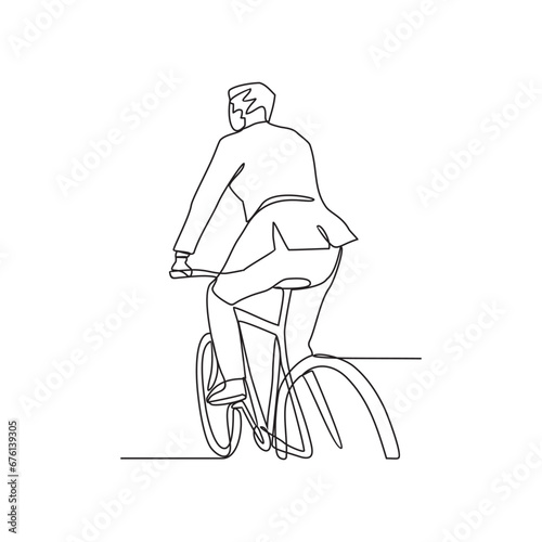 a man uses a bicycle to go to work in continuous line art drawing style. design with Minimalist black linear design isolated on white background. bike to work themes design concept vector illustration