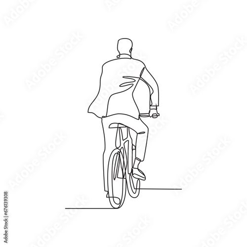 a man uses a bicycle to go to work in continuous line art drawing style. design with Minimalist black linear design isolated on white background. bike to work themes design concept vector illustration