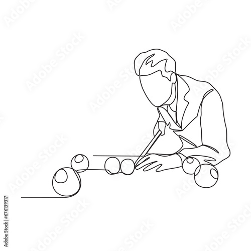 One continuous line drawing of a billiard player who is competing at the billiard table vector illustration. Sports design illustration simple linear style vector concept. Billiard player design.
