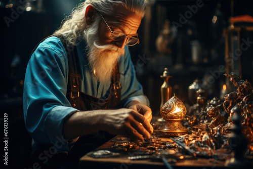 A silversmith crafting intricate silverware, demonstrating the art of metallurgy and craftsmanship. Generative Ai. photo