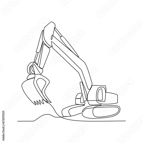 One continuous line drawing of excavator in the site project . Construction Project design concept with simple linear style. Construction Project vector design illustration concept.