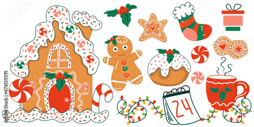 Christmas big set of elements with cookies, ginger bread men, gingerbread hous, garland, calendar, christmas sock and mug. Cute vector illustration in cartoon flat style. Hand drawn template 2024.