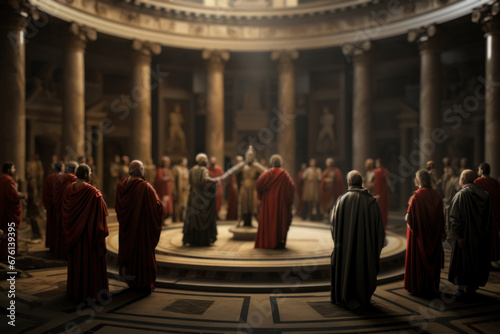 Roman senators deliberating in the Senate chamber, illustrating the political life of the Roman Republic. Generative Ai. photo