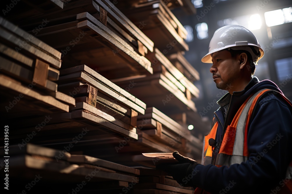 a worker inspecting a shipment of wood materials with a clipboard in hand a worker inspecting a shipment of wood materials with a clipboard in hand