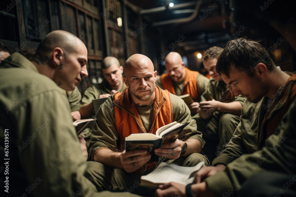 A prison book club, with inmates discussing literature and sharing insights. Concept of intellectual engagement in prisons. Generative Ai. A prison book club, with inmates discussing literature and sharing insights. Concept of intellectual engagement in prisons. Generative Ai.