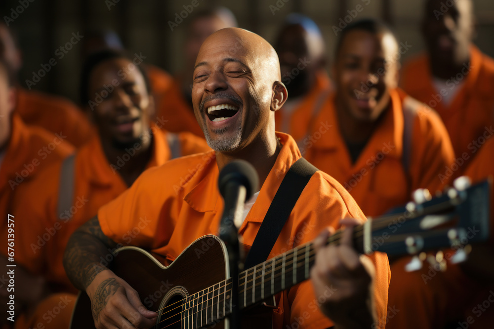 A choir of incarcerated individuals performing songs of hope and resilience within prison walls. Concept of music therapy and emotional release. Generative Ai.