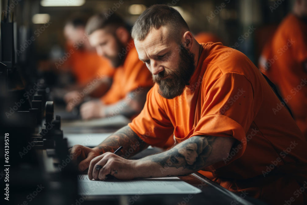 Inmates working in a prison print shop, developing printing and design skills. Concept of vocational training. Generative Ai.