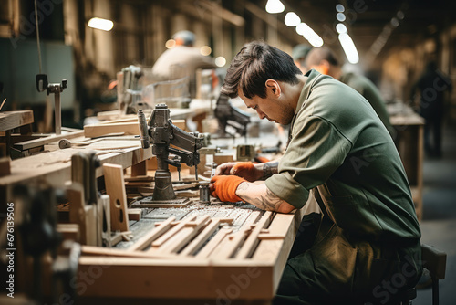 Inmates crafting hand-made furniture in a prison woodworking shop, developing valuable skills. Concept of vocational training in correctional facilities. Generative Ai. photo