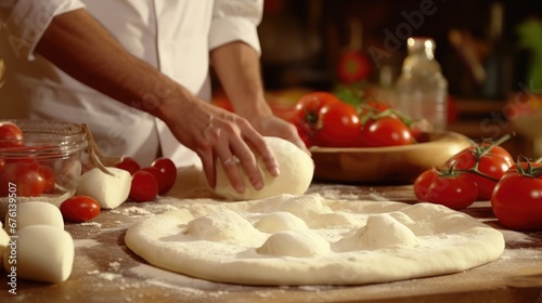 Closeup of hands preparing a pizza with tomato sauce