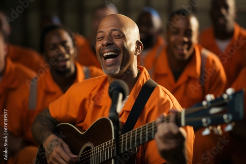 A choir of incarcerated individuals performing songs of hope and resilience within prison walls. Concept of music therapy and emotional release. Generative Ai.