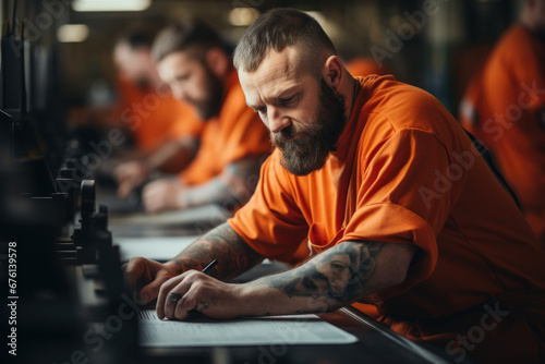 Inmates working in a prison print shop  developing printing and design skills. Concept of vocational training. Generative Ai.