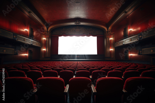A blank movie theater screen before a premier, showcasing possibilities for upcoming film promotions. Generative Ai.