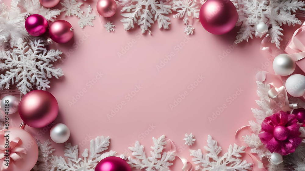 Classical pink Christmas background decoration with ornaments and garland and a free space for texts.